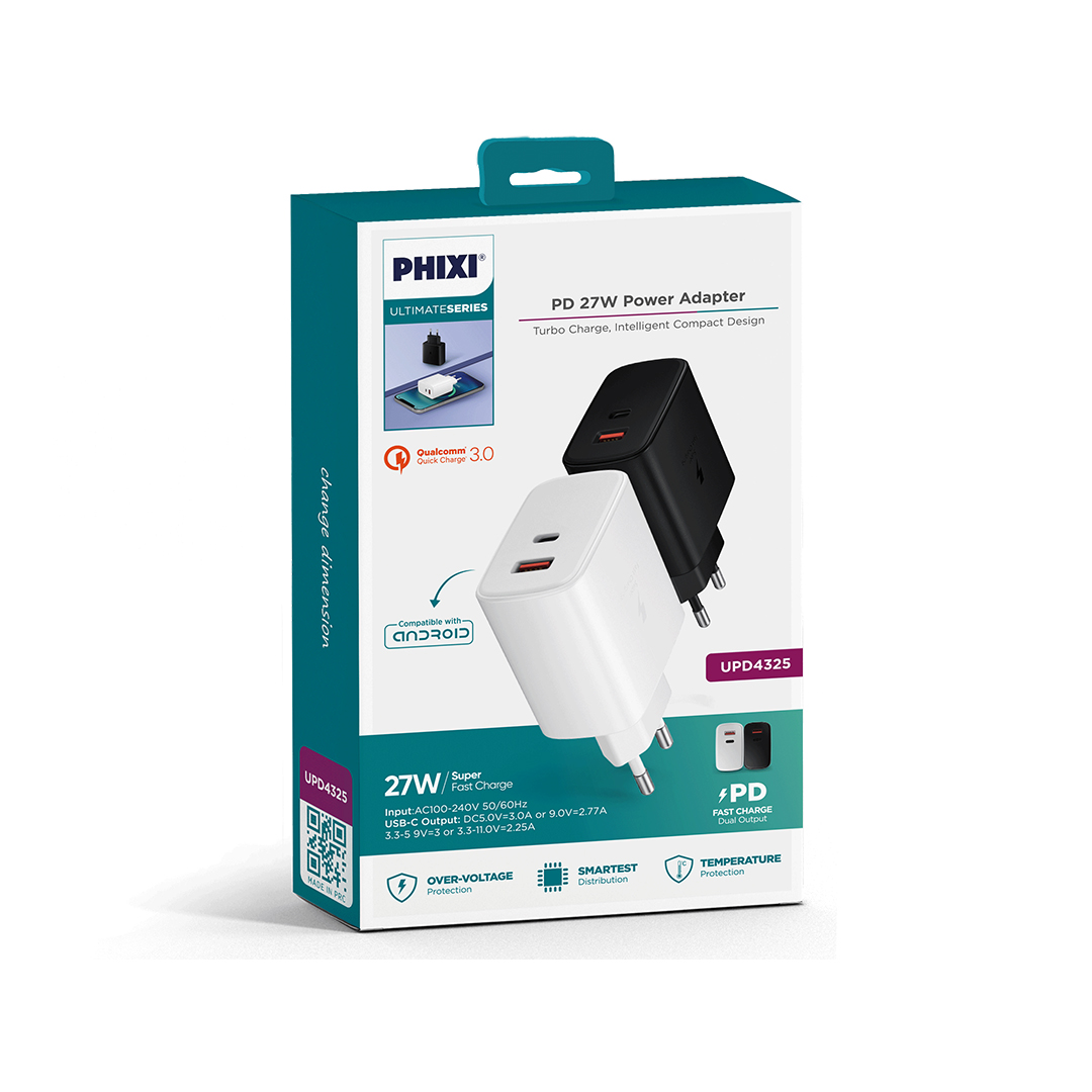 Phixi Ultimate UPD4325 27W PD Çift Çıkışlı Hızlı Şarj Adaptörü