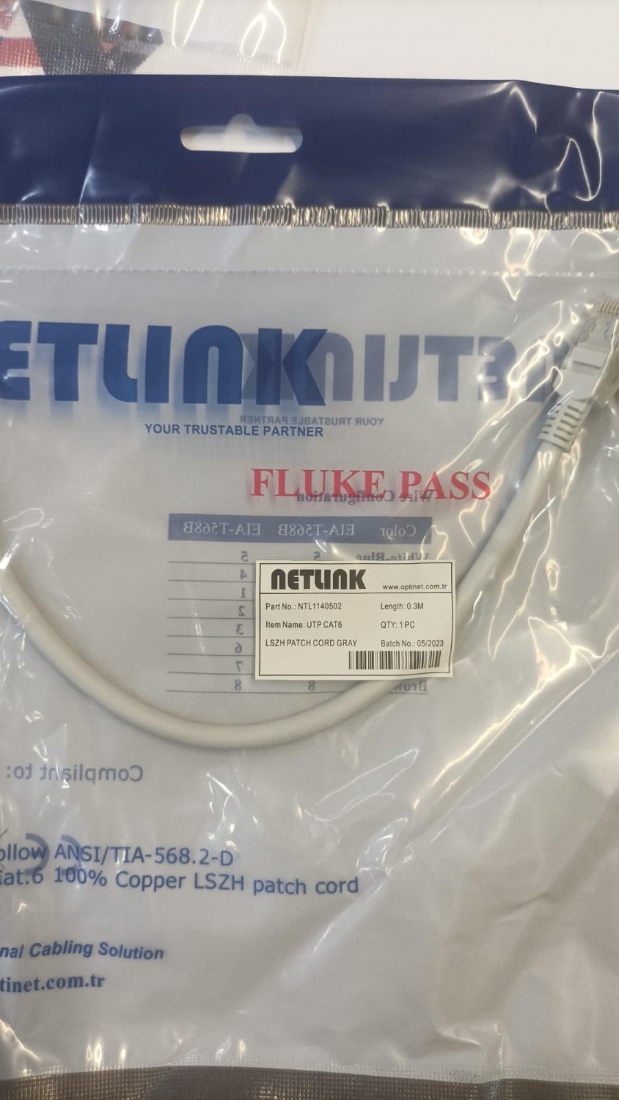 NTL1140500 UTP CAT6 LSZH PATCH CORD 0,30CM GRİ (FLUKE PAS) NETLİNK